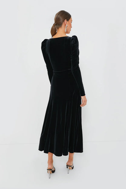 Black Velvet Jersey Puff Sleeve Maxi Dress