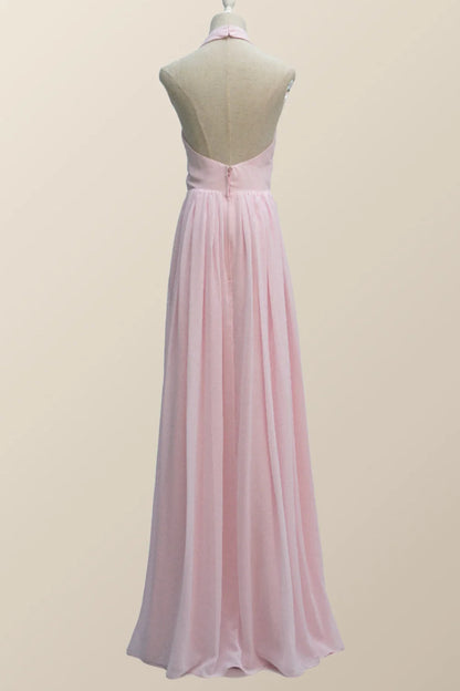Halter Pink Chiffon A-line Long Bridesmaid Dress