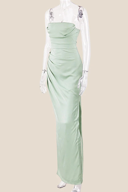 Strapless Sage Ruched Long Dress with Slit