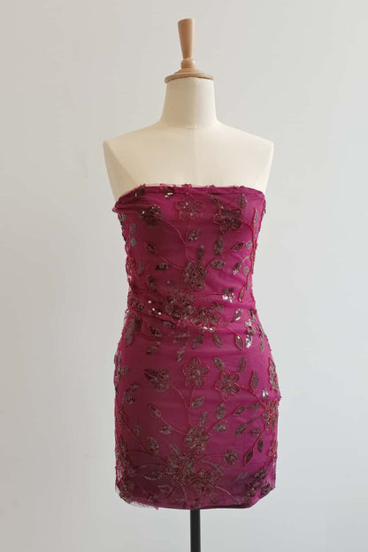 Strapless Purple Beaded Flowers Tight Short Dress