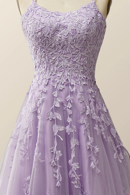 Lavender Lace Appliques A-line Long Formal Dress