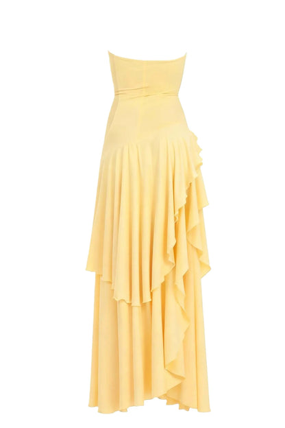 Strapless Yellow Ruffle Slit Long Dress