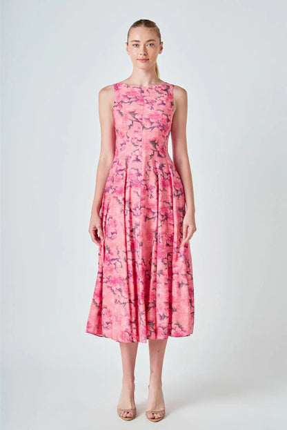 Sheena Florals Sleevless Linen Midi Dress - Pink