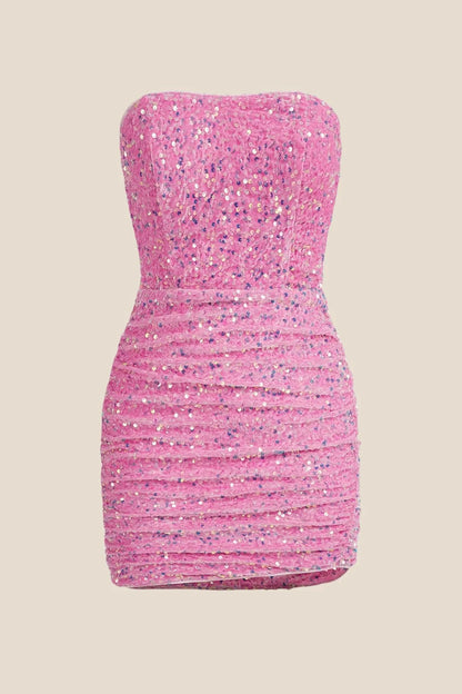 Strapless Fuchsia Bodycon Sequin Short Dress