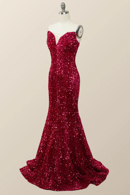 Strapless V Neck Fuchsia Sequin Mermaid Party Dress