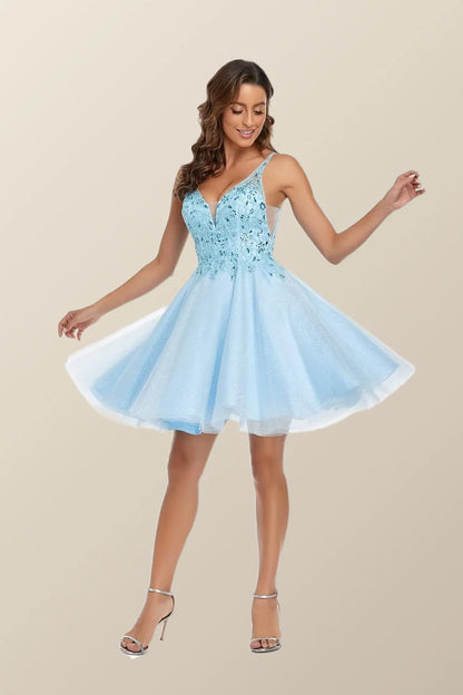 V Neck Blue Appliques Tulle A-line Short Dress