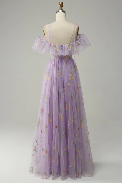 Lavender Floral Ruffles Tulle A-line Long Prom Dress