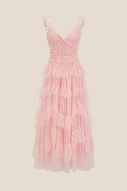 V-neck Blue Ruffle Tiered A-line Long Dress