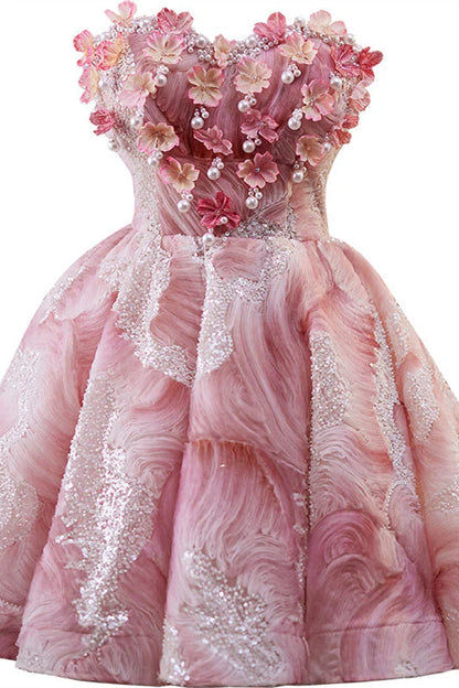 Strapless Pink 3D Floral Short Dress