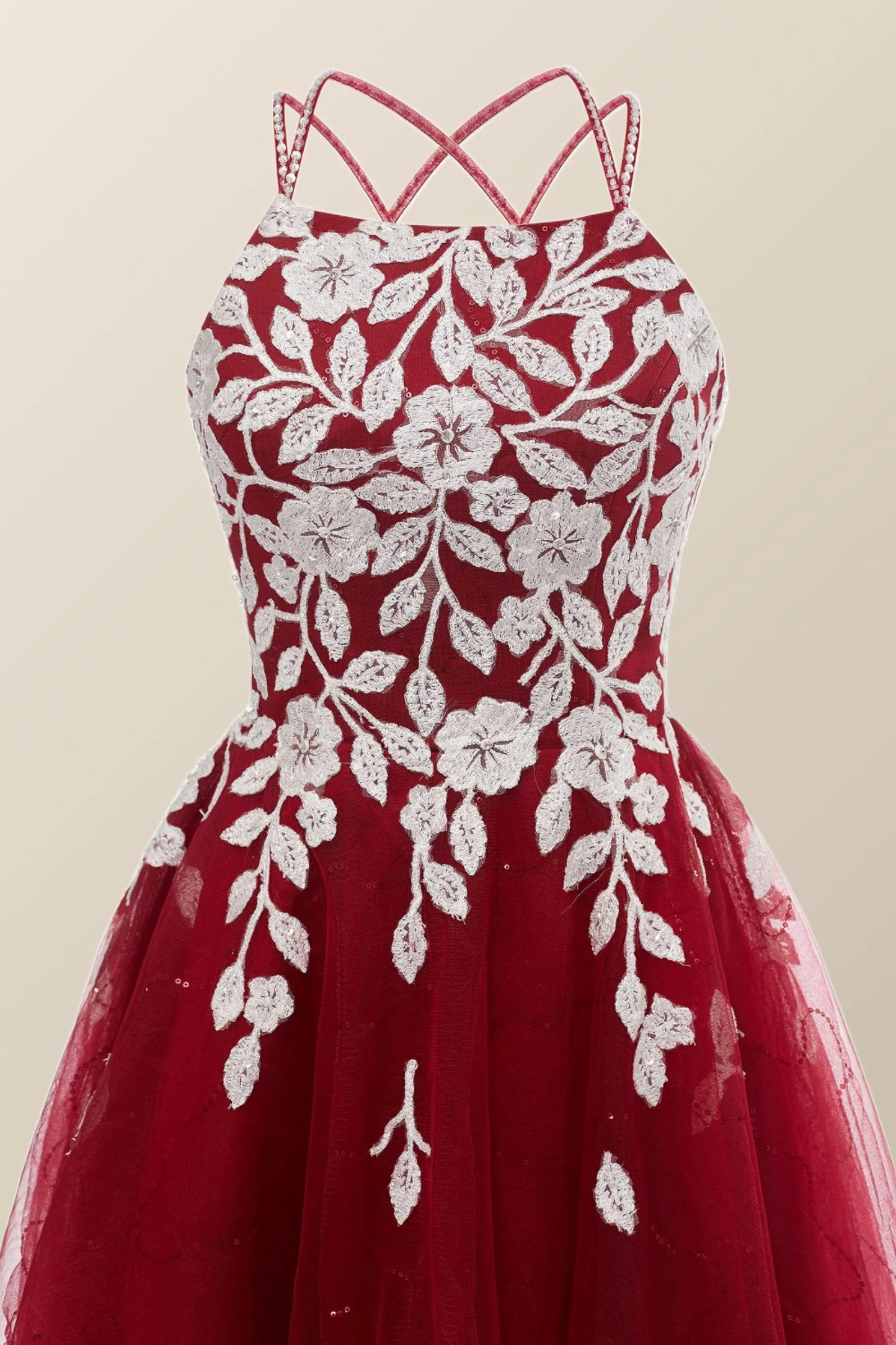Wine Red Tulle and White Appliques A-line Dress