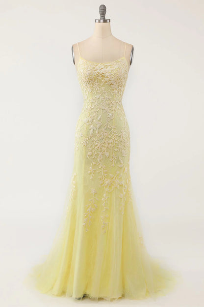 Yellow Mermaid Lace Appliques Long Formal Dress