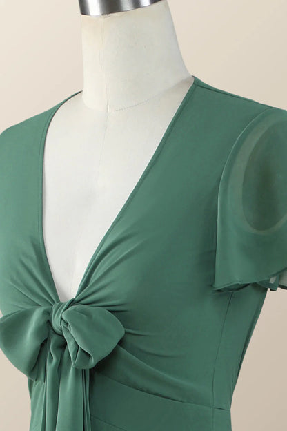 Knot Front Green Chiffon Long Bridesmaid Dress