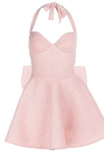 Halter Pink A-line Short Dress with Bow