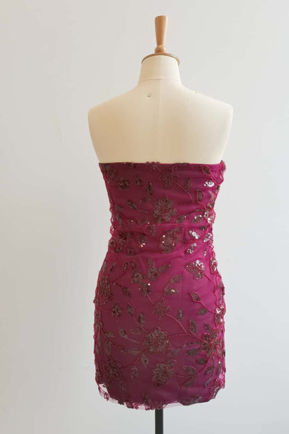 Strapless Pink Beaded Flowers Tight Short Dress