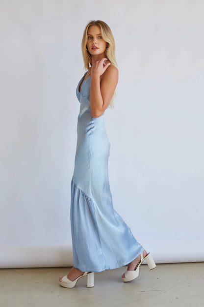 Lucinda Halter V-Neck Open Back Satin Midi Dress