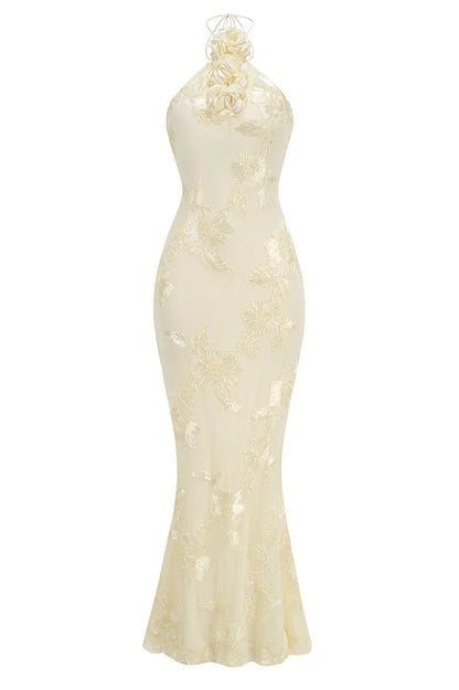 Yellow Halter 3D Flower Mermaid Dresss