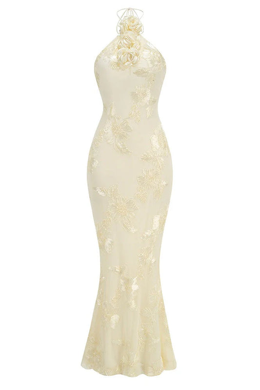 Yellow Halter 3D Flower Mermaid Dresss