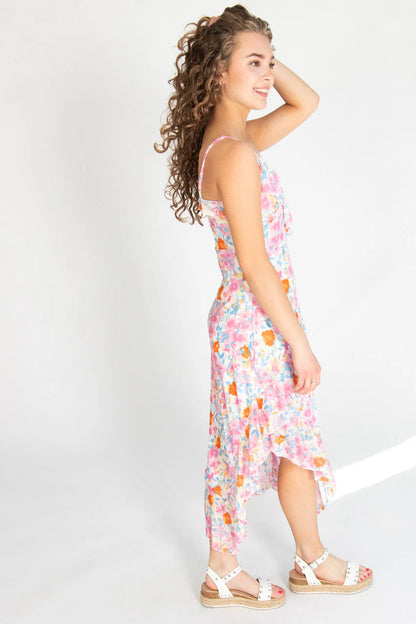 Floral Asymmetrical Hem Ruffle Mesh Midi Dress