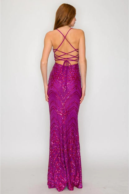 Maxine Sequin Lace Up Back Gown - Magenta