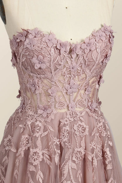 Yellow Floral Embroidery Strapless A-line Formal Dress