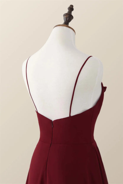 Wine Red Straps Ruffle A-line Long Bridesmaid Dress