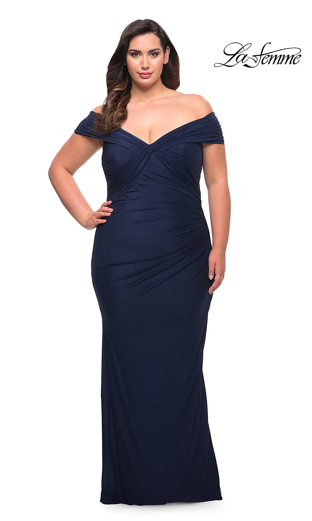 Off-Shoulder La Femme Plus-Size Long Prom Dress