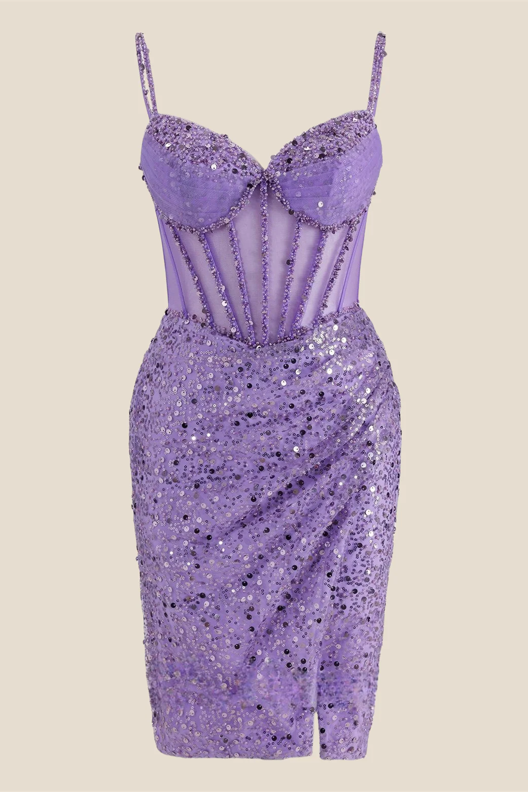 V-neck Lilac Sheer Bodice Sequin Short Dress