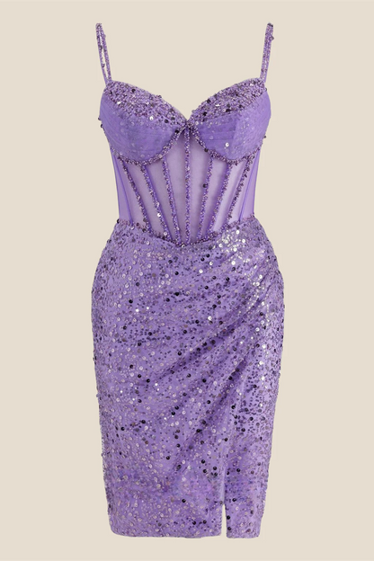 V-neck Lilac Sheer Bodice Sequin Short Dress
