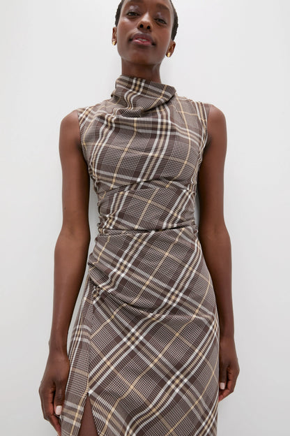 Chocolate Plaid Burke Sleeveless Draped Midi Dress