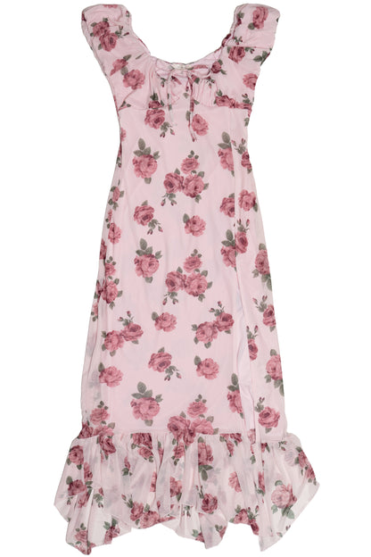 Mesh Puff Sleeve Hanky Hem Maxi Dress