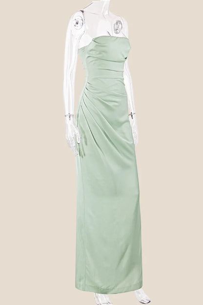 Strapless Red Ruched Long Dress with Slit