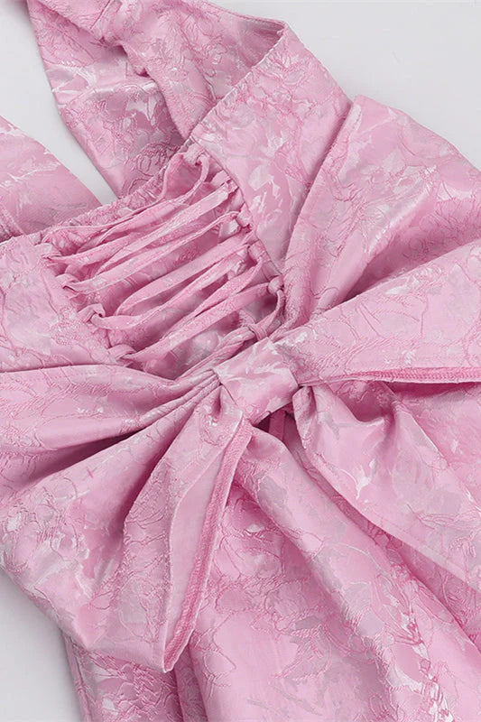 Halter Pink Plunge Short A-line Bow Dress