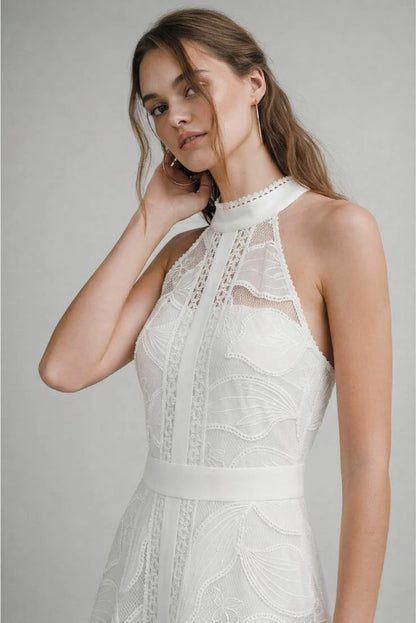Celine Halter Neck Lace Midi Dress - White