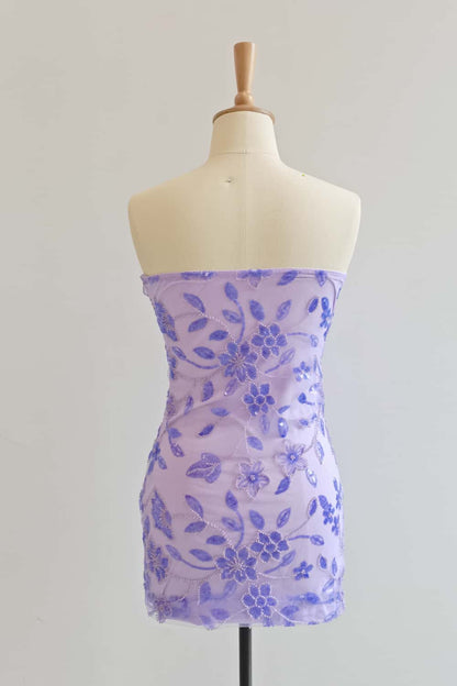 Strapless Pink Beaded Flowers Tight Short Dress