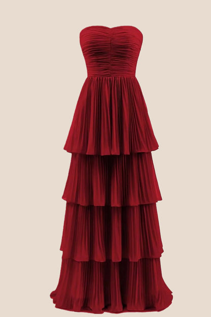 Yellow Chiffon Pleated A-line Tiered Maxi Dress