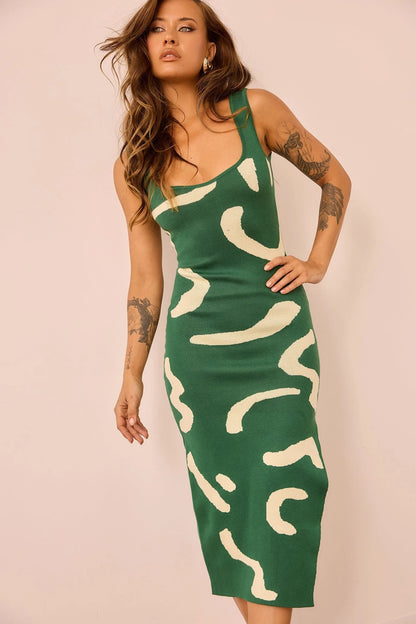 Attached Knit Midi Dress - Forest Green