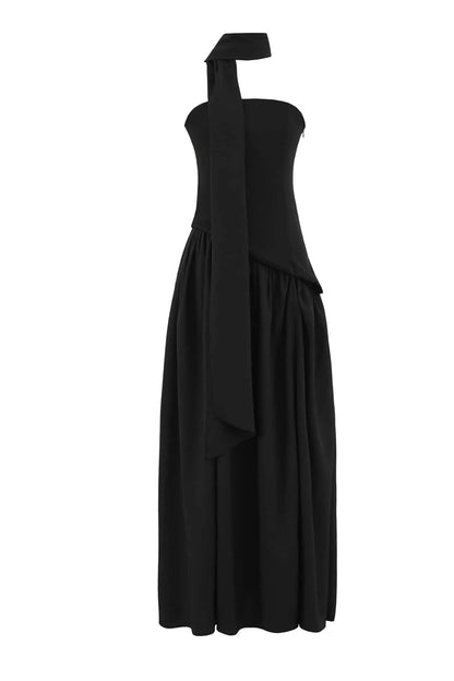 Yellow Crepe Bodice Gathered Long Dress