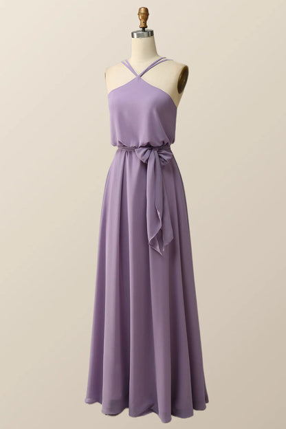 Halter Straps Purple Chiffon Long Bridesmaid Dress