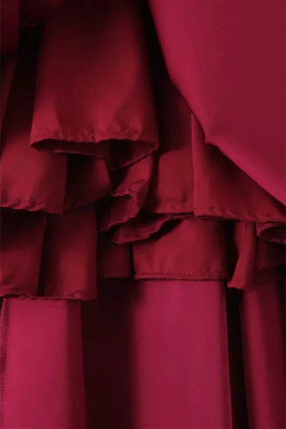 Strapless Burgundy Pleated A-line Midi Dress