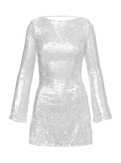 Interstella Sequin Long Sleeve Mini Dress White