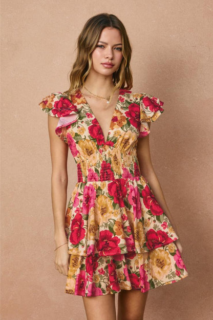 Lolita Ruffled Floral Mini Dress - Fuchsia