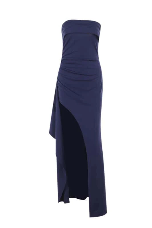 Strapless Yellow Pleated Long Dress with Slit