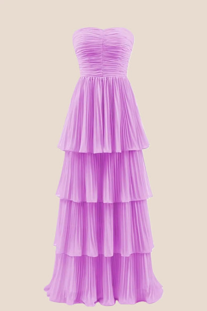 Yellow Chiffon Pleated A-line Tiered Maxi Dress
