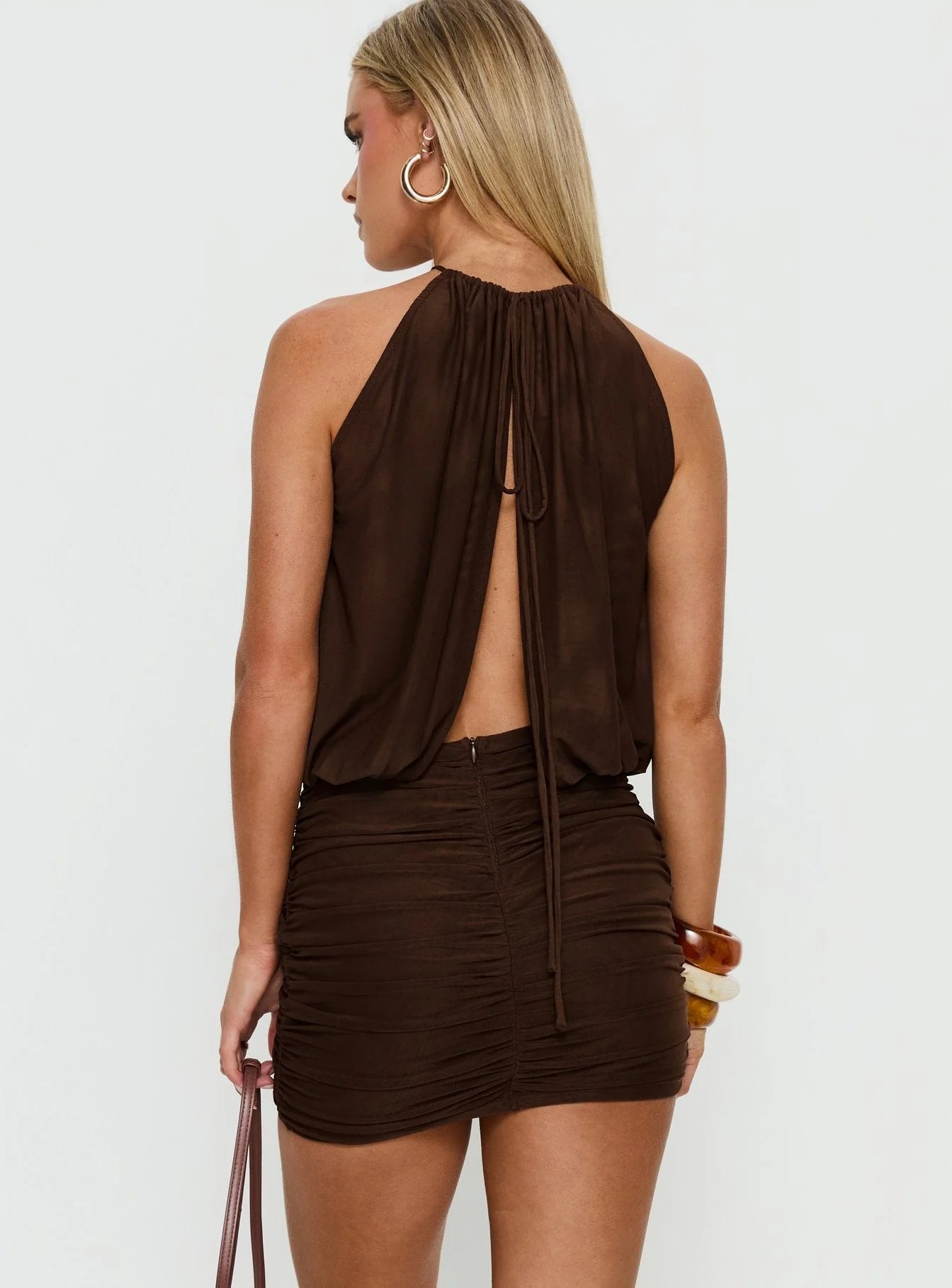 Jennah Halter Ruched Mini Dress Chocolate