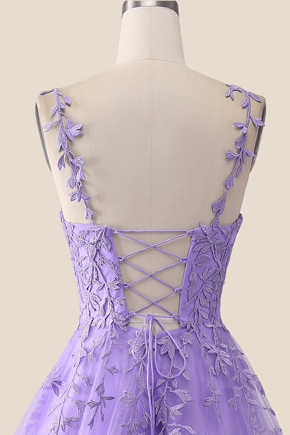 V Neck Lavender Lace A-line Long Prom Dress