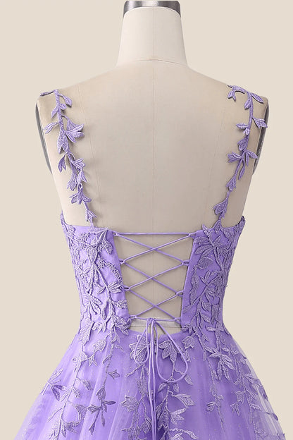 V Neck Lavender Lace A-line Long Prom Dress