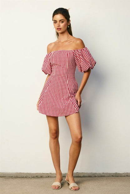 Margot Retro Gingham Off The Shoulder Mini Dress - Red