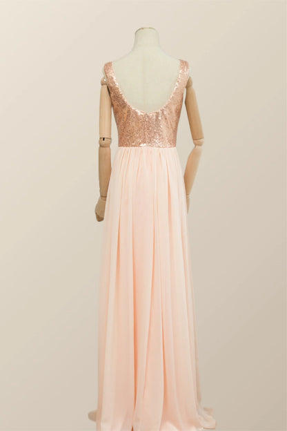 V Neck Rose Gold Sequin and Chiffon Long Bridesmaid Dress