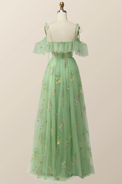Lavender Floral Ruffles Tulle A-line Long Prom Dress