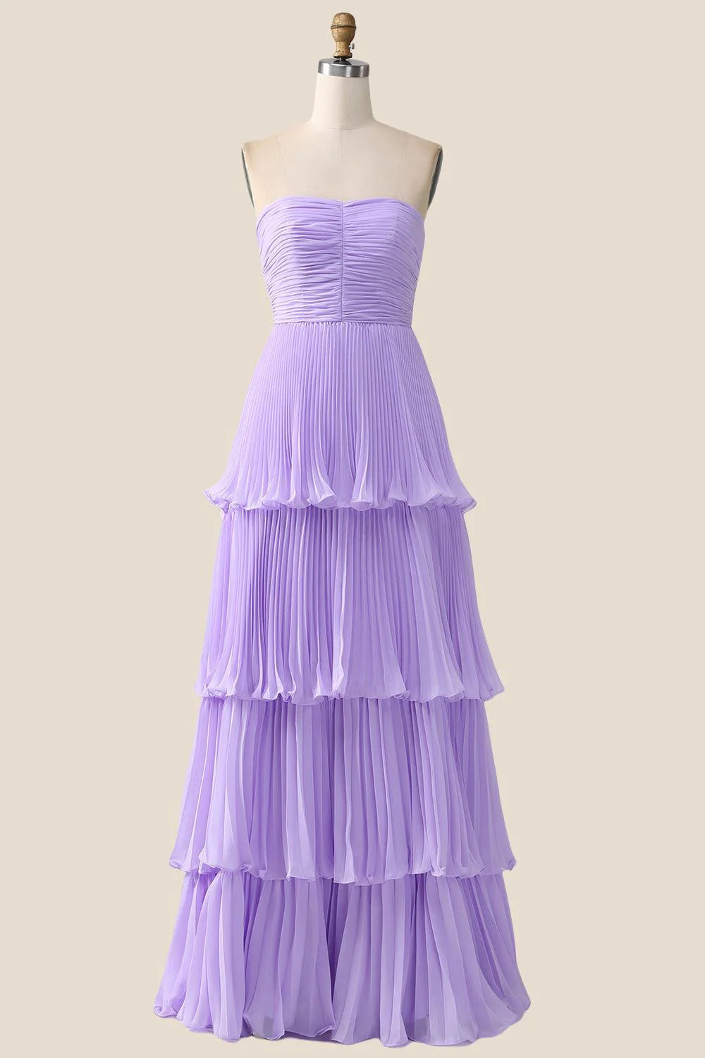 Strapless Pink Pleated Tiered Long Party Dress
